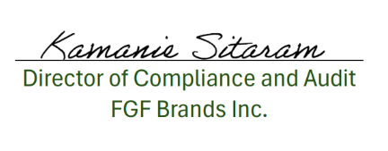 Signature - Kamanie Sitaram, Director of Compliance and Audit, FGF Brands Inc.